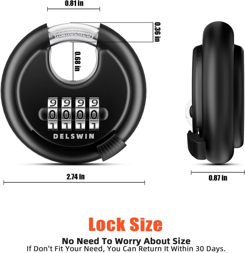 DELSWIN 4-Digit Disc Combination Lock Outdoor - Heavy Duty Combination Padlocks with Hardened Steel Shackle Weatherproof Combo Locks for Gates,Sheds,Fence,Storage Unit (3/8" Shackle, Black and Red) - Image 2